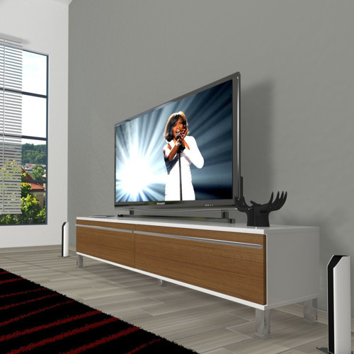 Eko 140T Mdf Krom Ayaklı Tv Ünitesi Tv Sehpası - Beyaz Ceviz