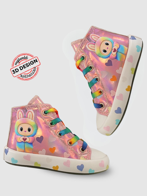 Pembe Hologram Kız Çocuk Fermuarlı Sneaker