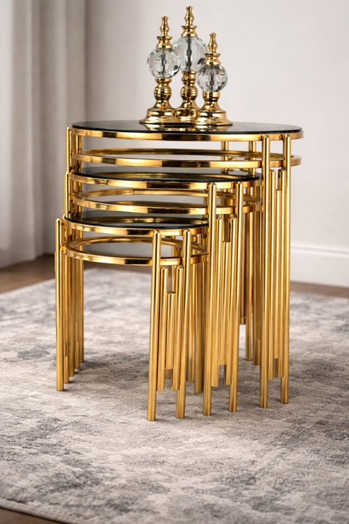 Çelsan Yuvarlak Sütun Model 3’lü Zigon Sehpa Seti – Gold Metal Ayaklı – Siyah Cam – Yerli Üretim