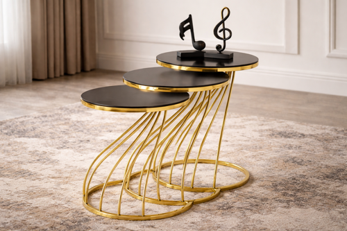 Çelsan Kobra Model 3'lü Zigon Sehpa - Metal Ayaklı Modern Tasarım - Gold ve Gümüş Renk Seçenekli