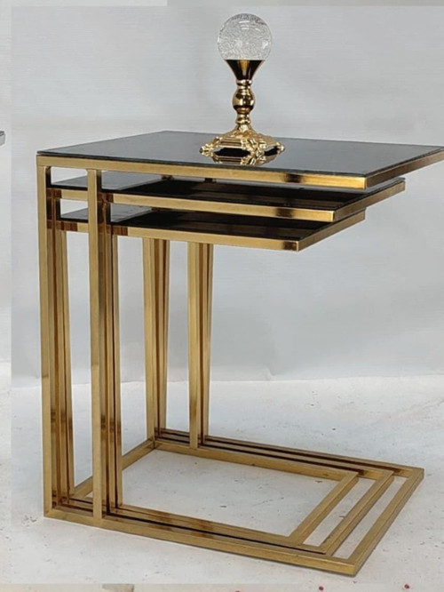 Çelsan Zipra 3’lü Zigon Sehpa Gold Metal Ayak Siyah Camlı