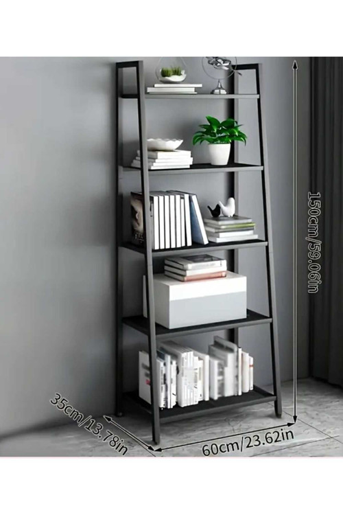5 Katlı Merdiven Kitaplık Metal Çerçeve Açık Raf Düzenleyici Siyah Dikey Depolama Rafı 60*150 CM