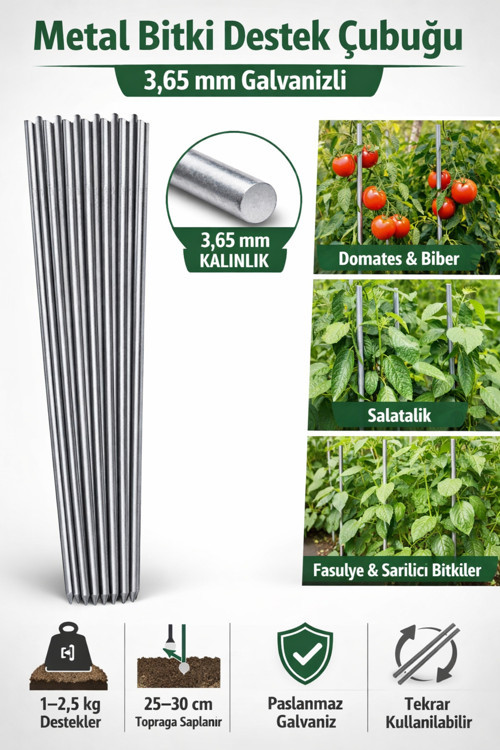 Bitki Destek Çubuğu 10 Ad 150 cm Domates Biber Salatalık İçin Dayanıklı Bahçe Teli | Metal , 3,65 MM