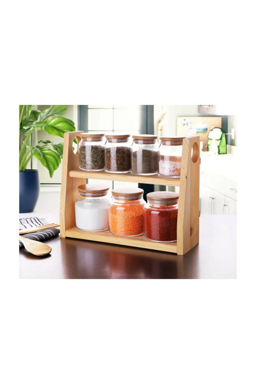 Bambu Kapaklı 7 Parça Cam Baharat Takımı -G2747