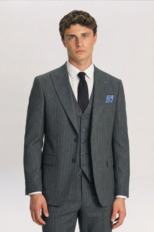 Erkek Yelekli Viskon Karışımlı 8 Drop Klasik Haki Takım Elbise