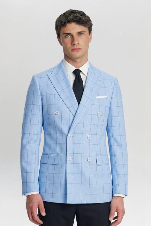 Mavi Ekose Sivri Yaka Roma Kalıp 6 Drop Astarsız Erkek Ceket
