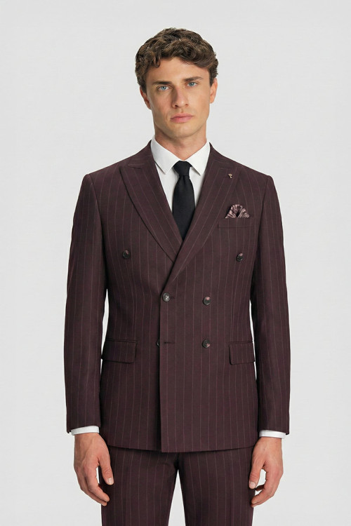 Bordo Slim Fit Çizgili Sivri Yaka Kruvaze 6 Drop Tam Astarlı Erkek Takım Elbise