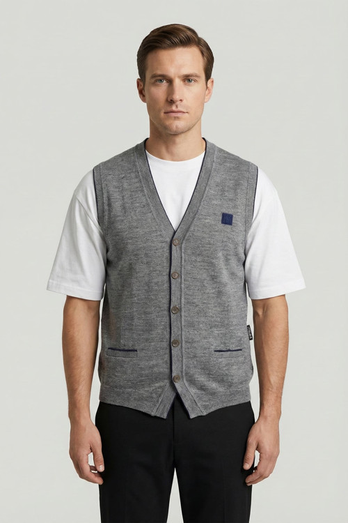 Giotelli Erkek Gri-Lacivert Standart Fit Yün Karışımlı Düğmeli Triko Süveter