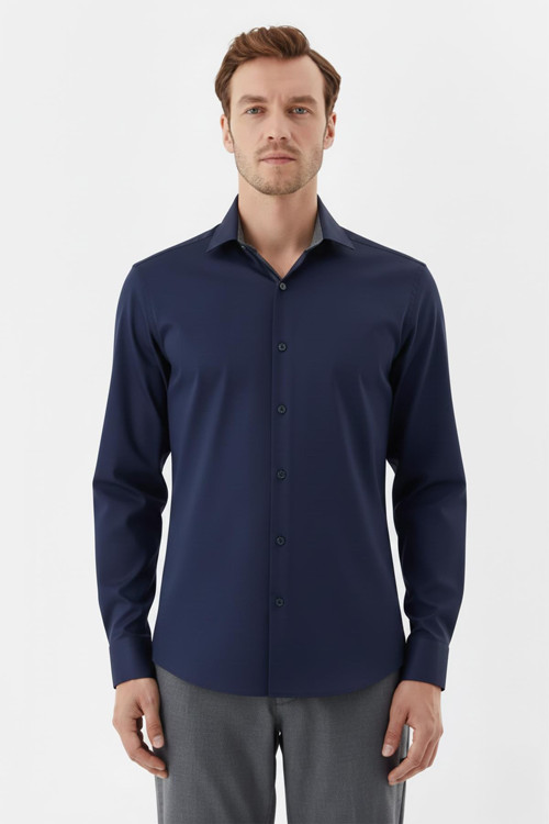 Erkek Lacivert Düz Örme Klasik Yaka Slim Fit Gömlek