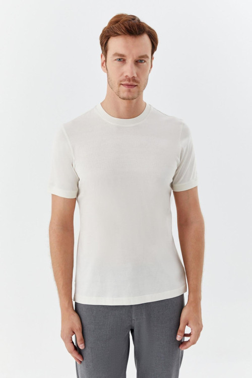 Desenli Bisiklet Yaka Erkek T-Shirt Latte