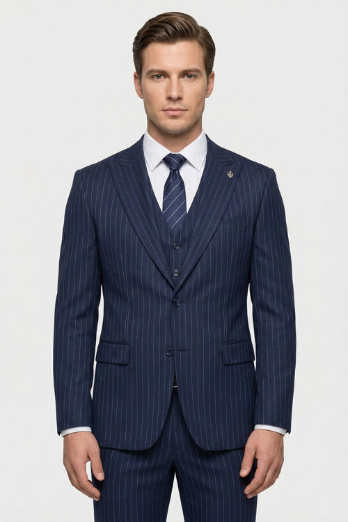 Erkek Yelekli Viskon Karışımlı 8 Drop Klasik Lacivert Takım Elbise