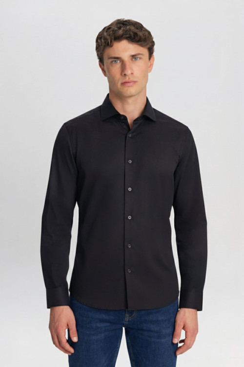 Siyah Star Yaka Saten Gömlek