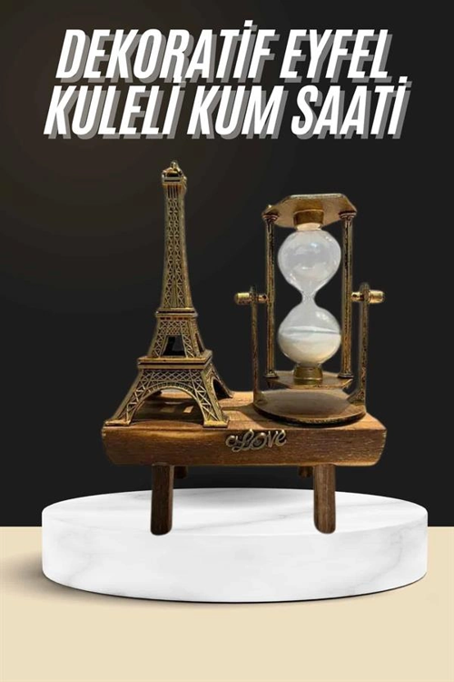 RETRO EYFEL KULESİ VE KUM SAATİ DEKORATİF AHŞAP GÖRÜNÜMLÜ MASA BİBLOSU