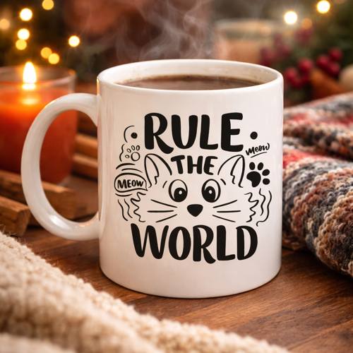 RULE THE WORLD KEDİ DESENLİ PORSELEN KUPA MODEL 61 SEVİMLİ KEDİ FİGÜRLÜ KAHVE KUPASI