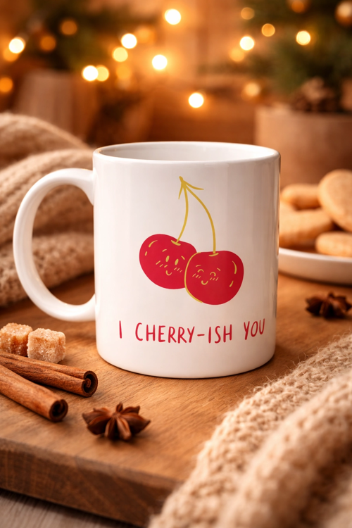 MODEL 26 – I CHERRY-ISH YOU YAZILI SEVİMLİ KİRAZ TASARIMLI PORSELEN KUPA - AŞK DOLU HEDİYE FİKRİ