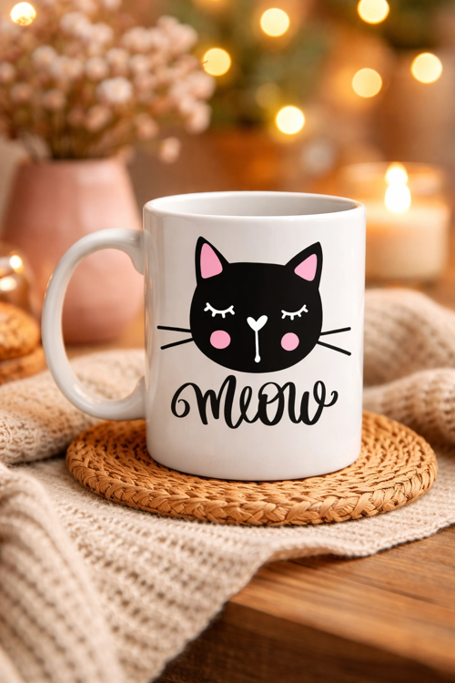 SEVİMLİ KEDİ DESENLİ PORSELEN KUPA MODEL 63 – “MEOW” YAZILI KAHVE & ÇAY KEYFİ İÇİN TATLI TASARIM