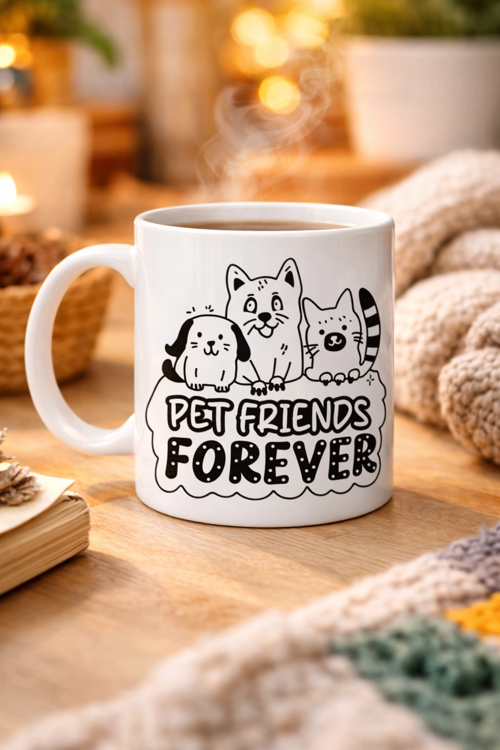 Pet Friends Forever Porselen Kupa Model 69 – Kedi & Köpek Figürlü Sevimli Tasarim, Hayvan Severlere Özel Kahve Ve Çay Kupasi