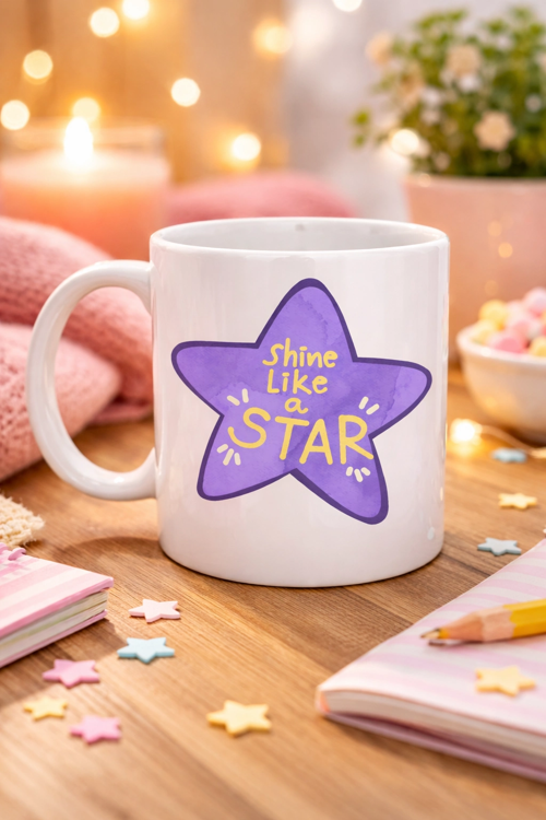 SHİNE LİKE A STAR – MOTİVASYON MESAJLI MOR YILDIZ TASARIMLI PORSELEN KUPA MODEL 122 , GÜNLÜK KULLANIM & HEDİYE KUPASI