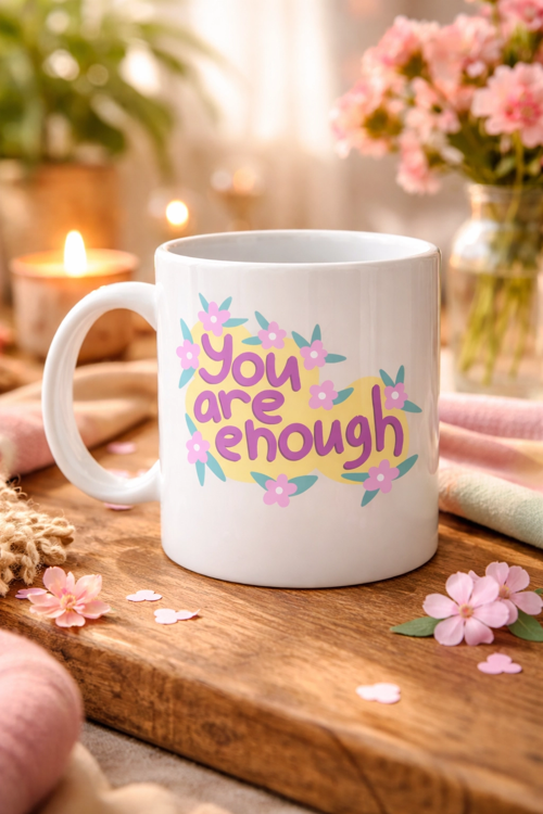 YOU ARE ENOUGH YAZILI PORSELEN KUPA MODEL 125 – MOTİVE EDİCİ MESAJLI, ÇİÇEK DESENLİ, SEVDİKLERİNE ANLAMLI HEDİYE