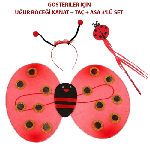 ÇOCUK GÖSTERİ İÇİN UĞUR BÖCEĞİ KANAT + TAÇ + ASA 3'LÜ KOSTÜM SETİ