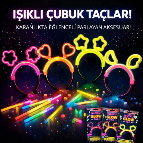 KARANLIKTA PARLAYAN GLOW TAÇ SETİ 12 ADET – YILDIZ KALP AY ÇİÇEK (HER MODEL 3 ADET)
