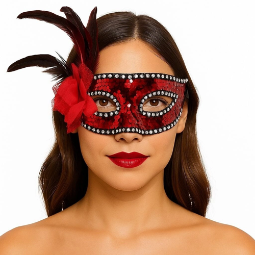 KIRMIZI RENK YANDAN TÜYLÜ GÜLLÜ GÜMÜŞ TAŞLI PULLU MASKE 20X22 CM