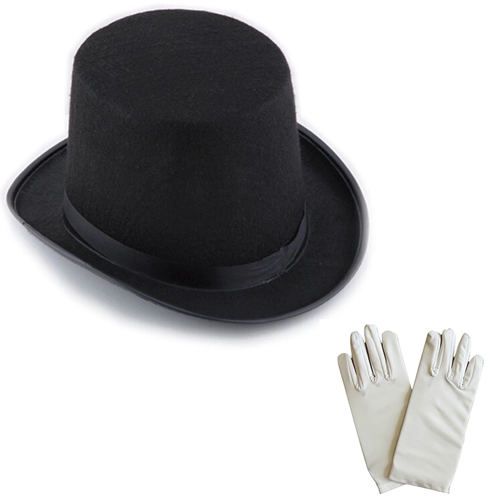 SİYAH SİHİRBAZ FÖTR ŞAPKA 15 CM - 1 ÇİFT BEYAZ SİHİRBAZ ELDİVENİ - YETİŞKİN BOY