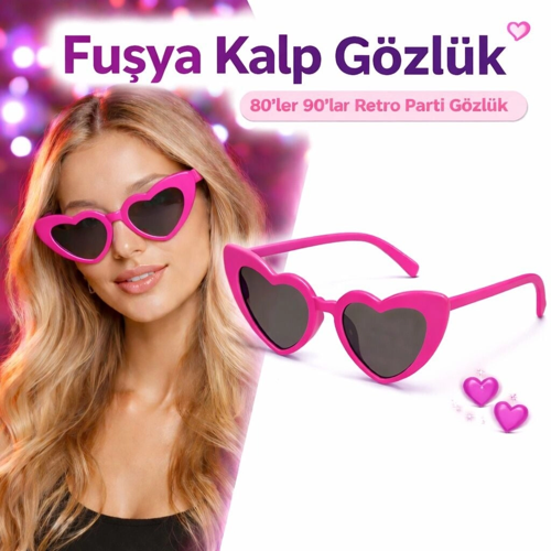 FUŞYA PEMBE RETRO KALP GÖZLÜK – 80’LER 90’LAR STİL PARTİ GÖZLÜĞÜ