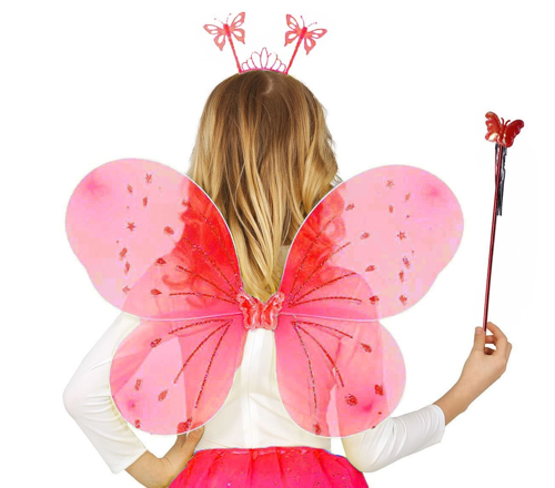KIRMIZI RENK ÇOCUK KELEBEK KANADI TACI VE ASA SETİ 50 CM