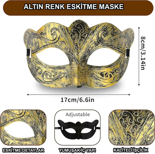 ALTIN RENK ESKİTME MASKELİ BALO MASKESİ – VENEDİK TARZI PARTİ MASKESİ