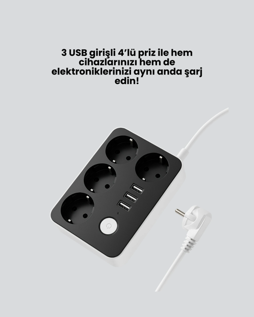 AKIM KORUMALI 3 USB PORTLU 4’LÜ PRİZ 4.1A HIZLI ŞARJ