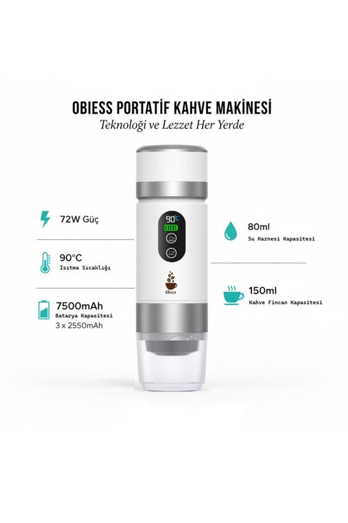 OBIESS Taşınabilir Şarjlı Espresso Makinesi (Sadece Kapsül Ve Öğütülmüş Kahve Ile Uyumlu) - Beyaz-Gri