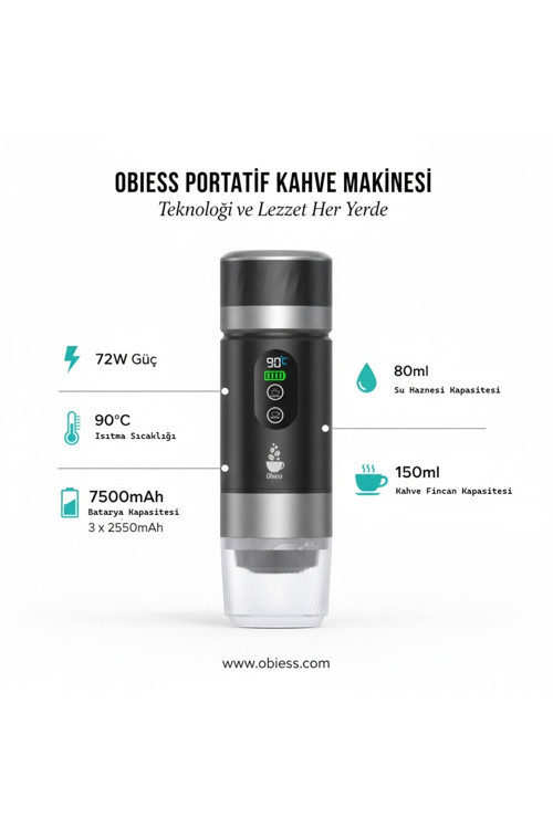 OBIESS Taşınabilir Şarjlı Espresso Makinesi (Sadece Kapsül Ve Öğütülmüş Kahve Ile Uyumlu) - Siyah-Gri