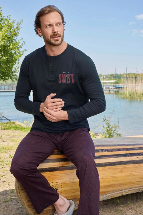 Erkek Modal Düğme Yaka Uzun Kollu Pijama Takımı 3467 - 1 Adet Lacivert-S