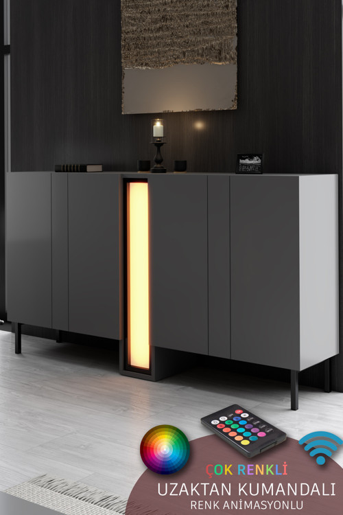 Nova Konsol Led Işıklı Metal Ayaklı Modern Tasarım Antrasit Tv Sehpası