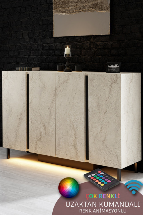 Paris Konsol Led Işıklı Metal Ayaklı Modern Traverten Tv Sehpası