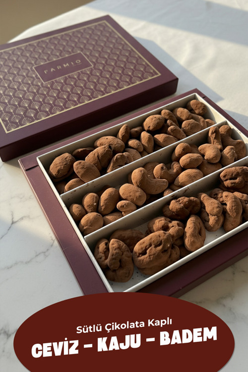 Hediyelik Çikolata Kaplı Kuruyemiş 350Gr – Kaju, Badem, Ceviz - Sütlü Çikolata Kaplı Kakaolu Draje
