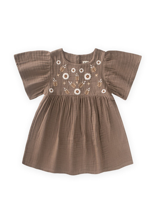 Çiçek Nakışlı Kelebek Kol Elbise 2-8 Yaş Vizon