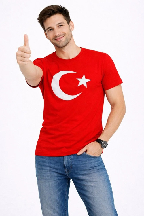Erkek T-Shirt Kısa Kol Bisiklet Yaka Ay Yıldız Bayrak Baskılı Tişört - Kırmızı