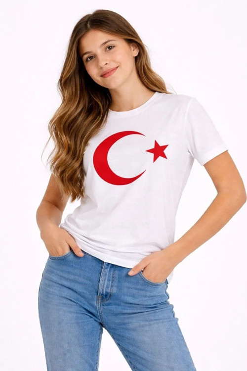 Kız Çocuk Tişört Bisiklet Yaka Ay Yıldız Bayrak Baskılı T-Shirt - Beyaz