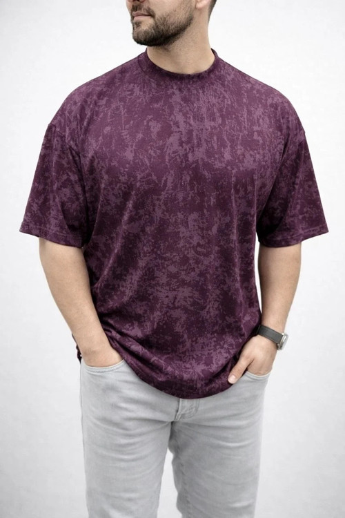 Erkek Premium Tişört OSY Yumuşak Dokulu Yıkamalı Oversize T-Shirt - Bordo