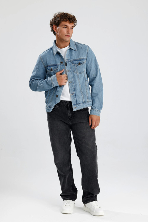 Özel Üretim Açık Indigo Denim Trucker Zarif Rahat Konforlu Tom32 Erkek Jean Ceket