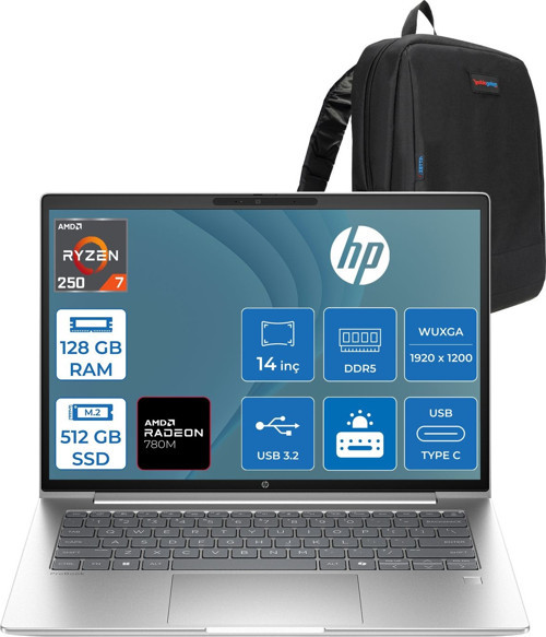Probook 4 G1A 14 Amd Ryzen™ 7 250 128GB Ddr5 512GB SSD 14" Inch Amd Radeon™ 780M Wuxga (1920X1200) IPS 300NITS Freedos Taşınabilir Bilgisayar D36KHETF37+ZETTAÇANTA