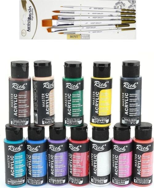 Mastermix Akrilik Boya Seti 12 Renk 60 Cc + Keep Smile Karışık Fırça Seti 6'lı