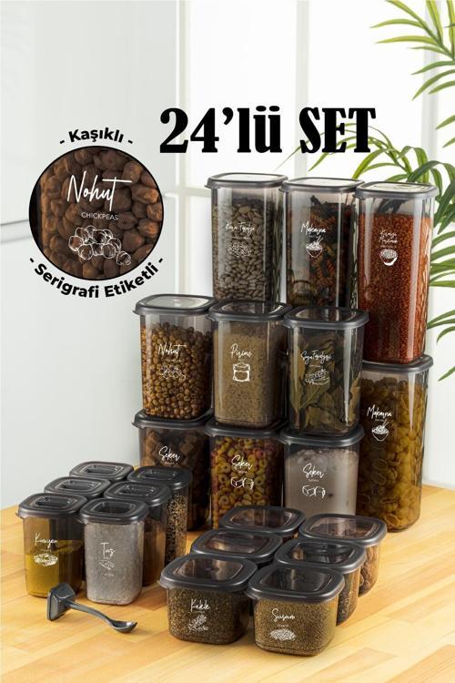 24lü Beyaz Serigrafi Etiketli Kaşıklı Peggy Kare Erzak Baharat Full Set 6x(1,75 1,2, 0,55, 0,45) Ant