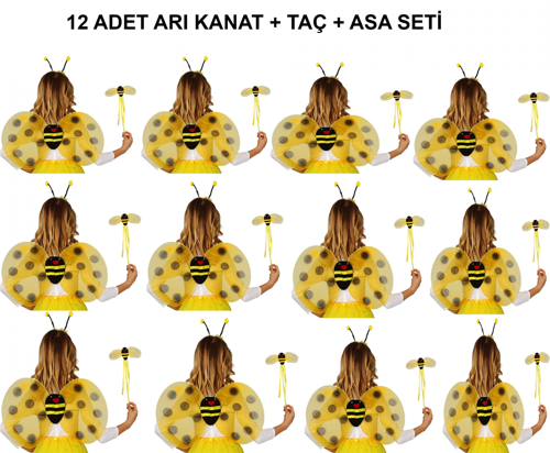 OKUL GÖSTERİLERİ İÇİN ARI SETİ 12 ADET - TAÇ, KANAT, ASA