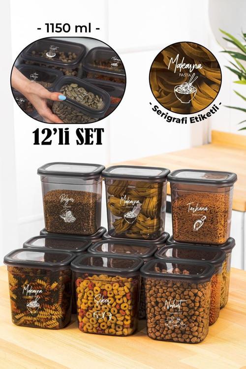 Beyaz Serigrafi Etiketli 12li Peggy Dikdörtgen Saklama Kabı Seti 1150 Ml Antrasit