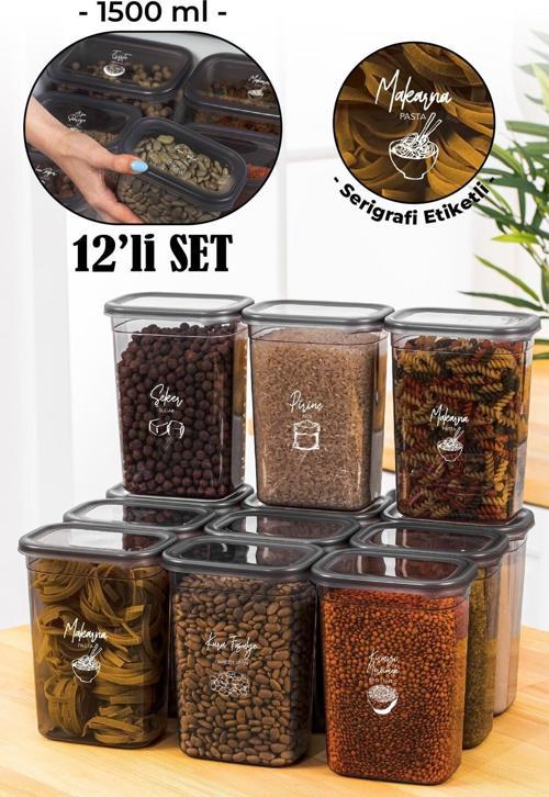 Beyaz Serigrafi Etiketli 12li Peggy Dikdörtgen Saklama Kabı Seti 1500 Ml Antrasit
