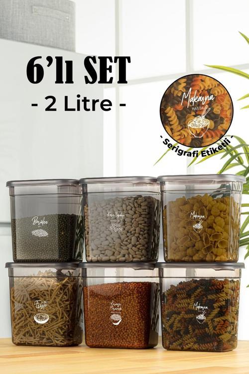 Beyaz Serigrafi Etiketli 6lı Set Maxi Boy Peggy Uzun Dikdörtgen Saklama Kabı 2 Litre Antrasit