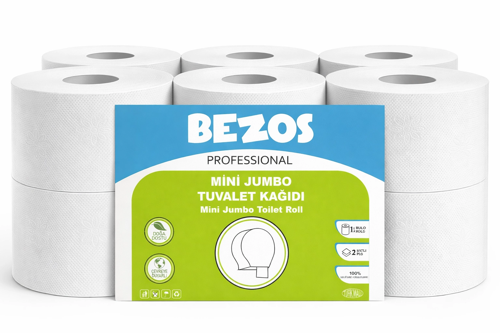 BEZOS PROFESSİONAL MİNİ JUMBO TUVALET KAĞIDI 12 RULO | 2 KATLI | %100 SELÜLOZ | ENDÜSTRİYEL & EV TİPİ KULLANIM